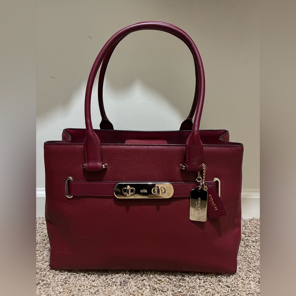 Coach Dark Red Leather Satchel with Gold Accents